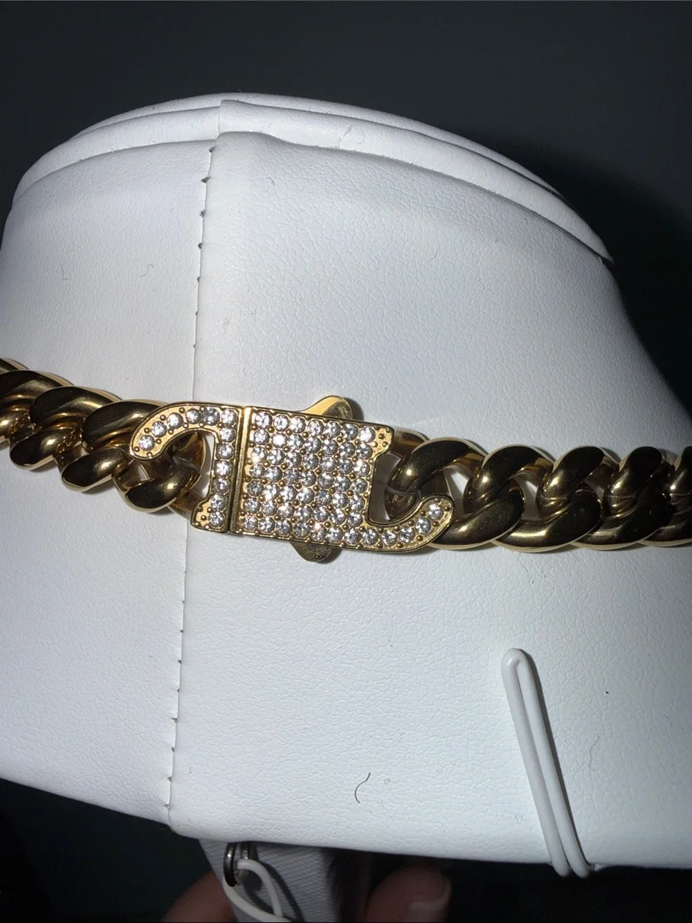 Chunky Gold Tone Cuban Curb Chain Necklace Rhinestone Box Clasp Statement
